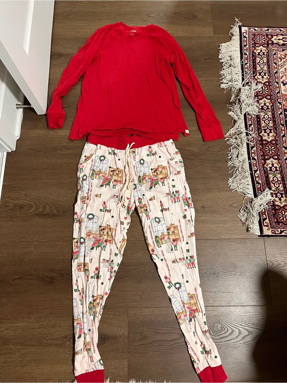 Burt's Bees Red Long-Sleeve Top with Cream Holiday Print Pajama Pants